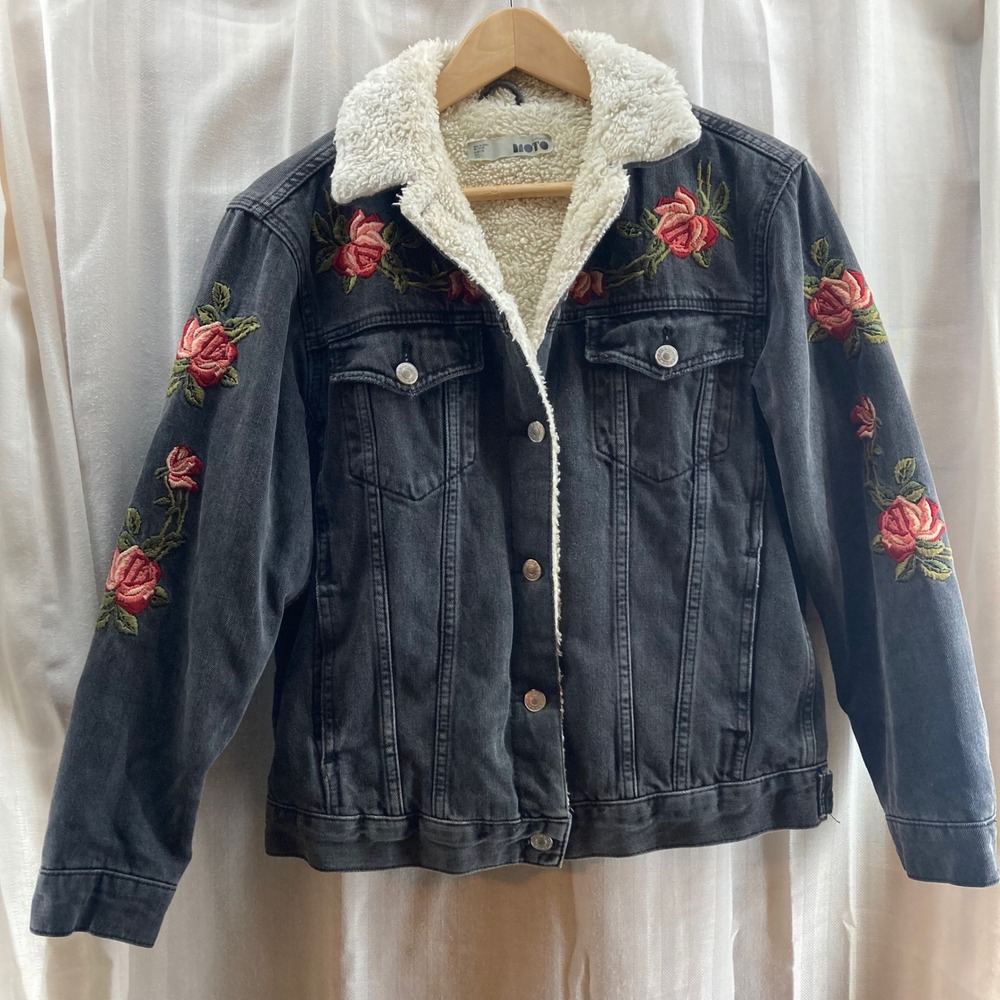 Topshop Moto Black Denim Sherpa Lined Embroidered Rose Jacket Women 2‎ Trucker